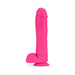 Bright pink 11-inch silicone dual-density dildo with realistic texture and suction cup base.