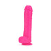 Bright pink 11-inch silicone dual-density dildo with realistic texture and suction cup base.