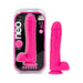Pink 11-inch Neo Elite silicone dual-density dildo with suction base and realistic texture next to its retail packaging.