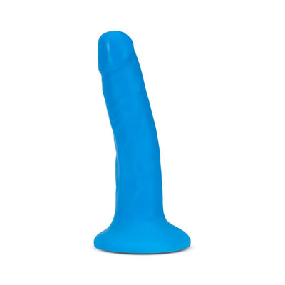 Blue 6-inch Neo Elite dual-density silicone dildo with suction cup base on white background.