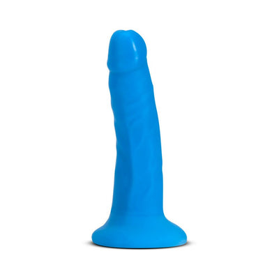 Blue 6-inch silicone dual-density dildo with suction cup base standing upright on white background.