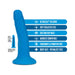 Blue silicone dildo with suction cup base and dual-density design, highlighting softness, harness compatibility, and body-safe materials.