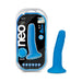Blue 6-inch Neo Elite silicone dual-density dildo with suction cup base next to its retail packaging.