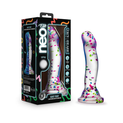 Neo Elite Hanky Panky 7.5-inch clear silicone dildo with colorful confetti and curved shape next to its black packaging box.