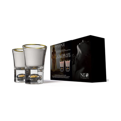 Neo Sensual Celebrate massage candle set with two clear crystal shot glasses featuring 24K gold rims and gold foil bottoms.