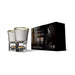 Neo Sensual Celebrate massage candle set with two clear crystal shot glasses featuring 24K gold rims and gold foil bottoms.