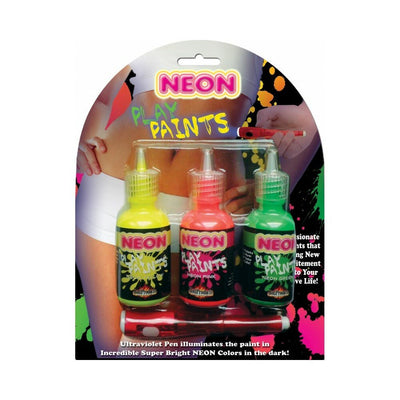 Three bottles of neon body paint in yellow, pink, and green with an ultraviolet penlight on colorful packaging.