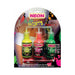 Three bottles of neon body paint in yellow, pink, and green with an ultraviolet penlight on colorful packaging.