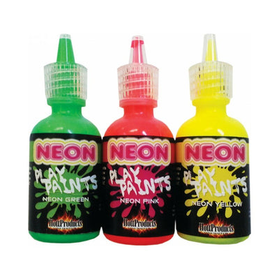 Three bottles of neon body paints in green, pink, and yellow with clear twist caps and colorful labels.