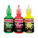 Three bottles of neon body paints in green, pink, and yellow with clear twist caps and colorful labels.
