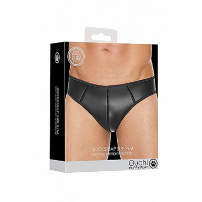 Packaging of Ouch! Puppy Play neoprene jockstrap in size S/M shown on a male model torso.