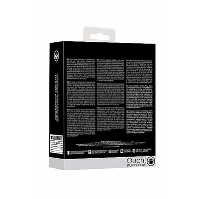 Packaging box for Ouch! Puppy Play Neoprene Jockstrap size S/M with product details and branding on a white background.