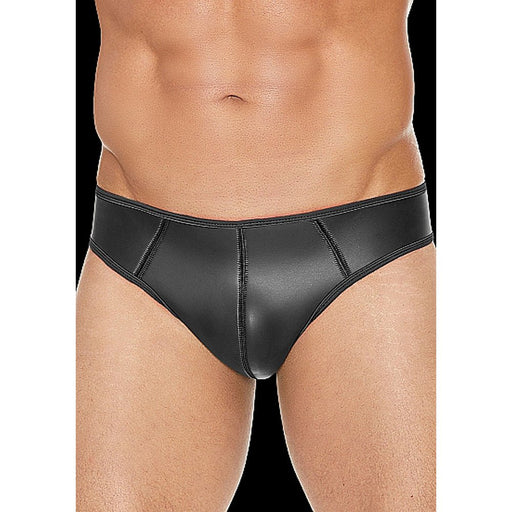 Front view of a male model wearing a black neoprene jockstrap with stitched panel details and a low-rise fit.