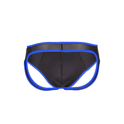Black neoprene jockstrap with blue trim and open back design for size S/M.