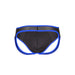 Black neoprene jockstrap with blue trim and open back design for size S/M.