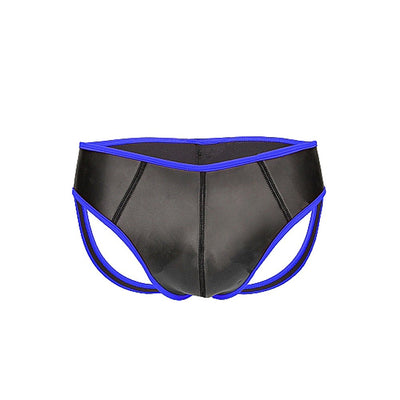 Black neoprene jockstrap with blue trim and open back design, size small/medium.