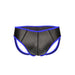 Black neoprene jockstrap with blue trim and open back design, size small/medium.