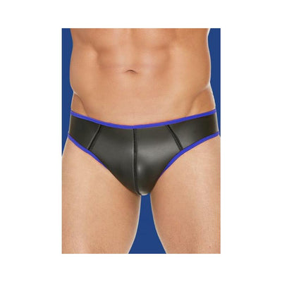Front view of black neoprene jockstrap with blue trim worn on male model against blue background