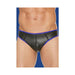 Front view of black neoprene jockstrap with blue trim worn on male model against blue background