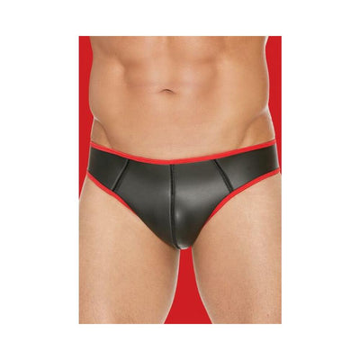 Front view of black neoprene jockstrap with red trim on male model against red background