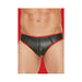 Front view of black neoprene jockstrap with red trim on male model against red background