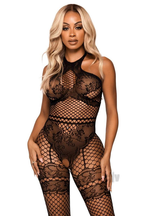 Net and Lace Crotchless Bodystocking - One Size - Black - SexToy.com