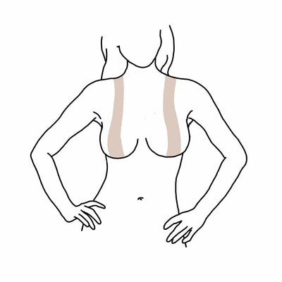 Illustration showing placement of honey-colored boob tape strips for lift and support under the breasts.