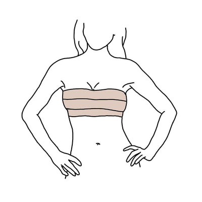Illustration of a woman wearing honey-colored Neva Nude boob tape for lift and support under strapless clothing.