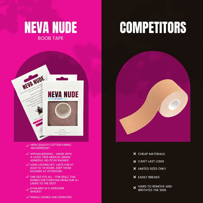 Comparison image showing Neva Nude Boob Tape packaging and benefits versus competitor's plain tape roll and drawbacks.
