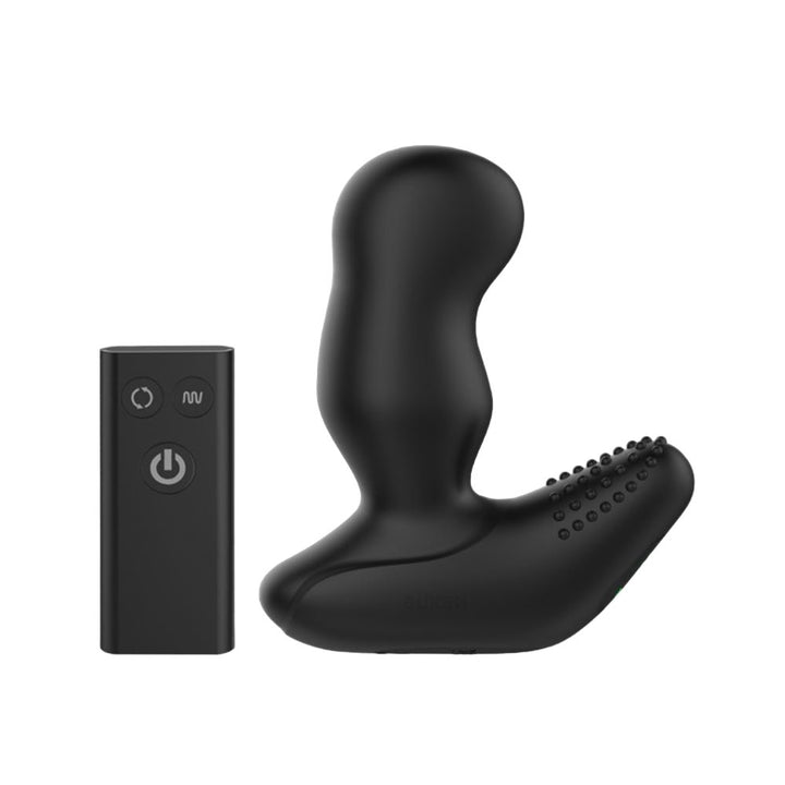Black ergonomic prostate massager with textured base and compact remote control on white background.