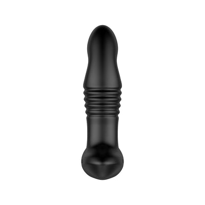 Black ergonomic prostate massager with ribbed shaft and smooth rounded tip, designed for targeted stimulation.