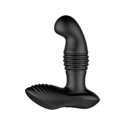 Black ergonomic prostate massager with textured base and curved shaft for targeted stimulation, made of smooth silicone.