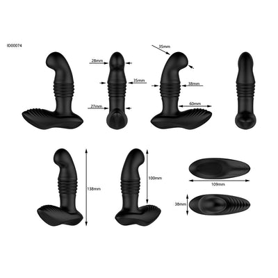 Black Nexus Thrust Prostate Edition with detailed dimensions shown from multiple angles including front, side, and top views.