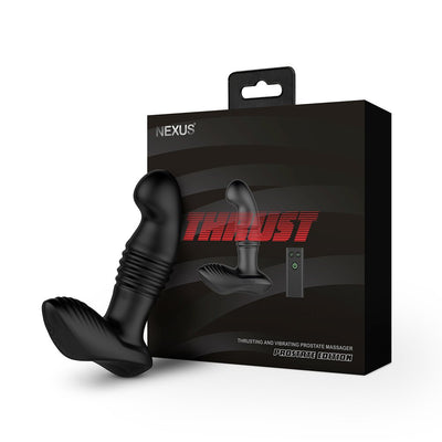Black Nexus Thrust Prostate Edition with ergonomic design and remote, displayed alongside its sleek black packaging.