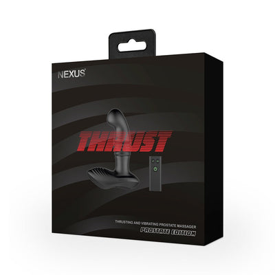 Black Nexus Thrust Prostate Edition packaging featuring a sleek prostate massager and slim remote control on the front.