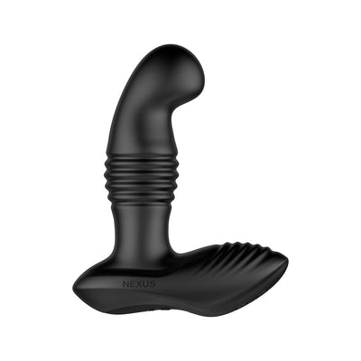 Black ergonomic prostate massager with ribbed shaft and textured base, designed for targeted stimulation and comfort.