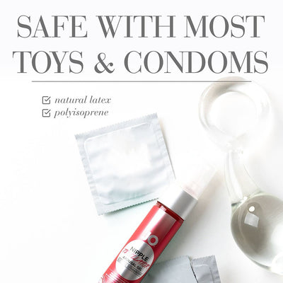 JO Electric Strawberry Nipple Titillator bottle with condoms and clear glass accessory on white background, safe with most toys and condoms text.