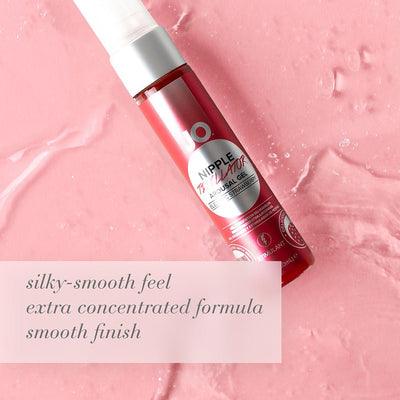 Bottle of JO Electric Strawberry Nipple Titillator gel on pink textured background with text highlighting silky-smooth, concentrated formula.