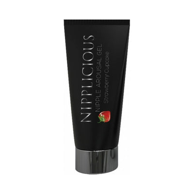 Nipplicious Strawberry Cupcake nipple arousal gel in sleek black 1oz tube with silver cap and strawberry graphic.