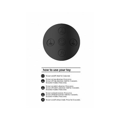 Niva Rabbit Vibrator control panel with labeled buttons and instructions for power, vibration, rotation, and climax modes.