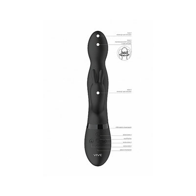 Black Niva Rabbit Vibrator with labeled features highlighting 360-degree rotating G-spot tip and multiple control buttons.