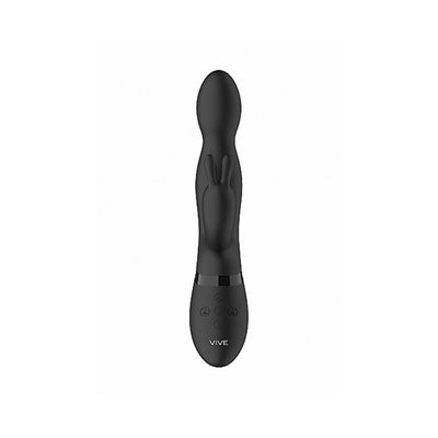 Black Niva Rabbit Vibrator with ergonomic shape and dual motors, featuring control buttons and a smooth silicone finish.