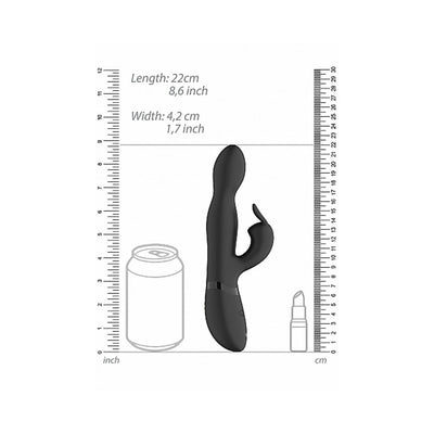 Black Niva Rabbit Vibrator shown with size comparison to a soda can and lipstick, measuring 22cm length and 4.2cm width.