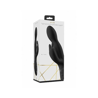 Packaging box of the Niva Rabbit Vibrator showing a sleek black silicone design with ergonomic shape and control buttons.