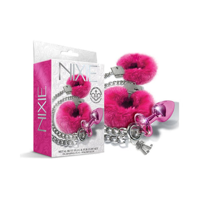 Nixie medium metal butt plug with pink jewel and matching pink furry handcuffs with chain and keys in packaging.