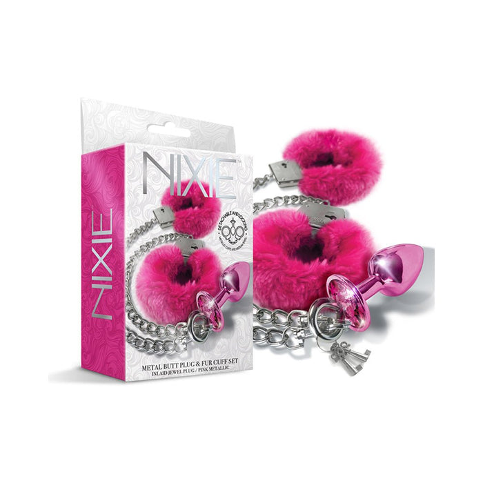 Nixie Metal Butt Plug & Furry Handcuff Set Medium Pink Metallic - SexToy.com