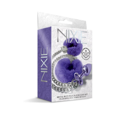 Nixie medium metal butt plug with purple jewel and matching purple furry handcuffs in retail packaging