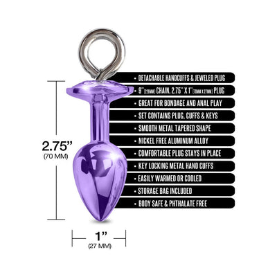 Purple metal butt plug with key-locking handcuffs features and size details on white background.