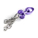 Purple metal butt plug with attached silver chain and clasp connectors on white background.