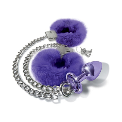 Medium purple furry handcuffs with silver chain and matching purple metal butt plug with jewel base and small keys.